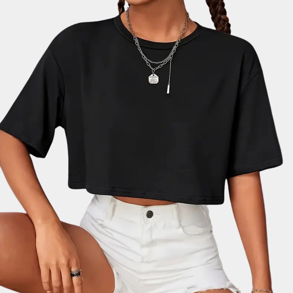 T-shirt femme décolleté rond noir court - LuxeStyle
