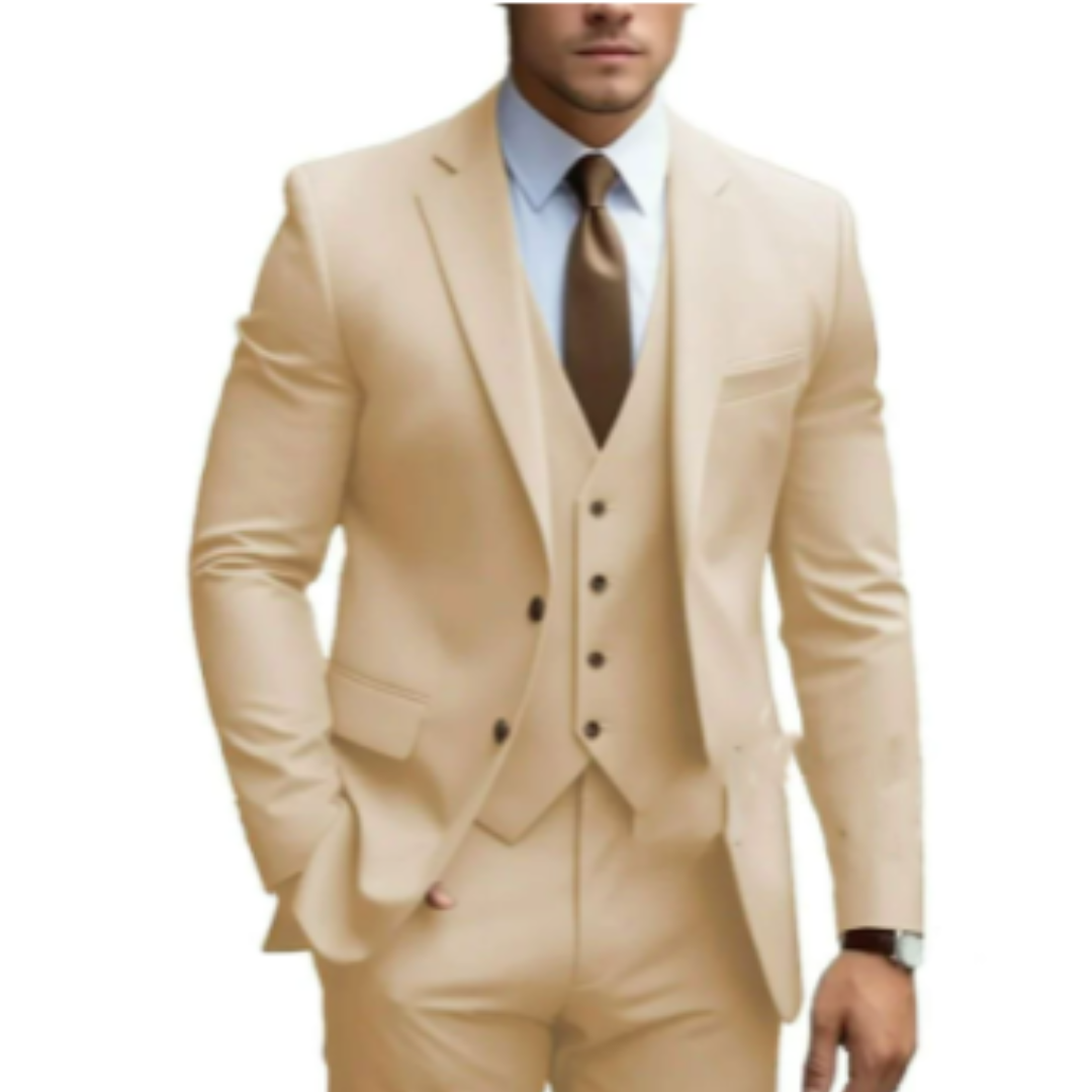 Costume Homme Élégant 3 Pièces Vert Sombre avec Cravate Cognac