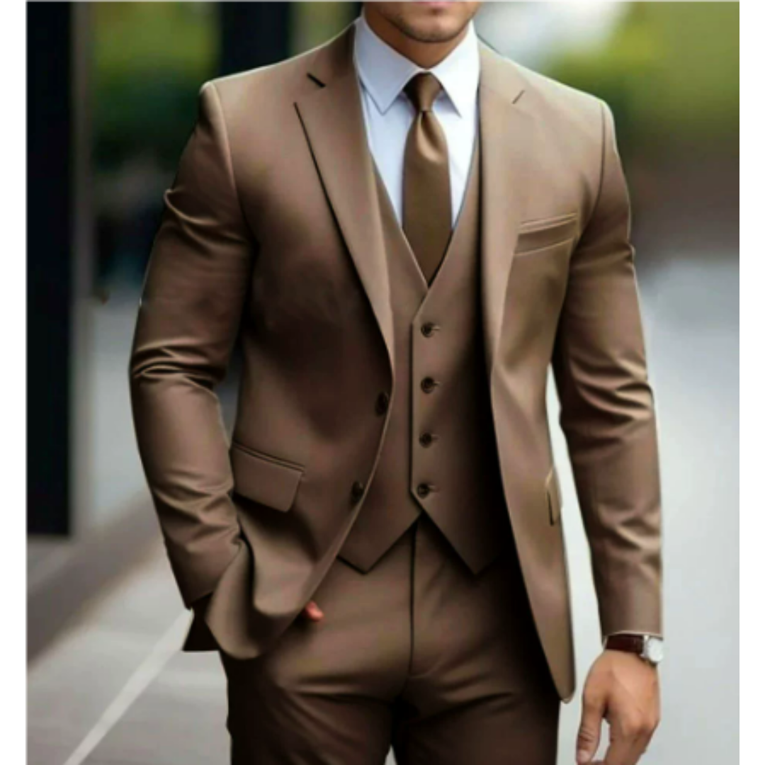 Costume Homme Élégant 3 Pièces Vert Sombre avec Cravate Cognac