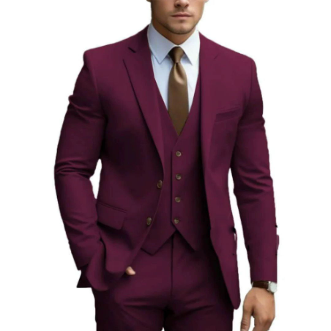 Costume Homme Élégant 3 Pièces Vert Sombre avec Cravate Cognac