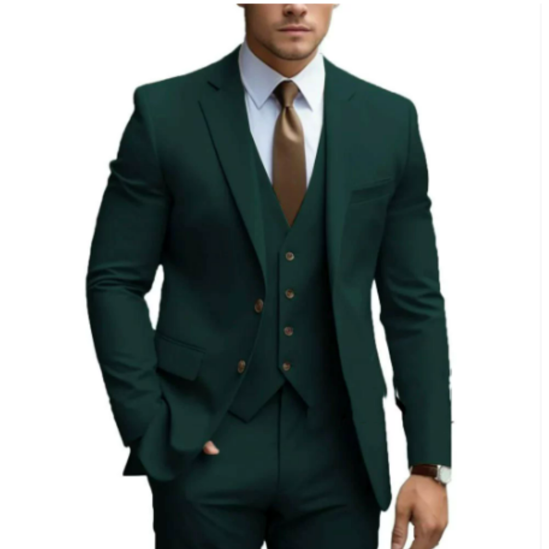Costume Homme Élégant 3 Pièces Vert Sombre avec Cravate Cognac - LuxeStyle