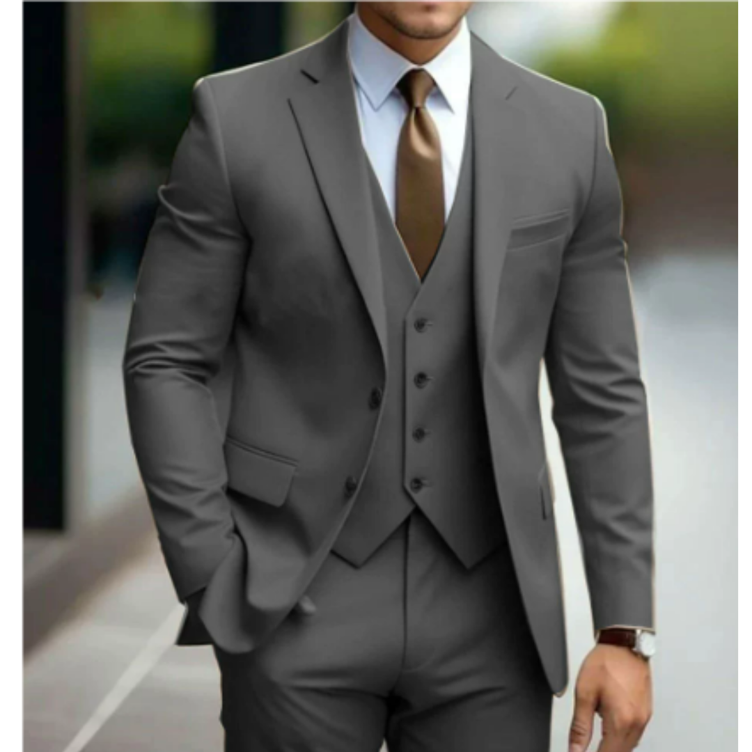 Costume Homme Élégant 3 Pièces Vert Sombre avec Cravate Cognac
