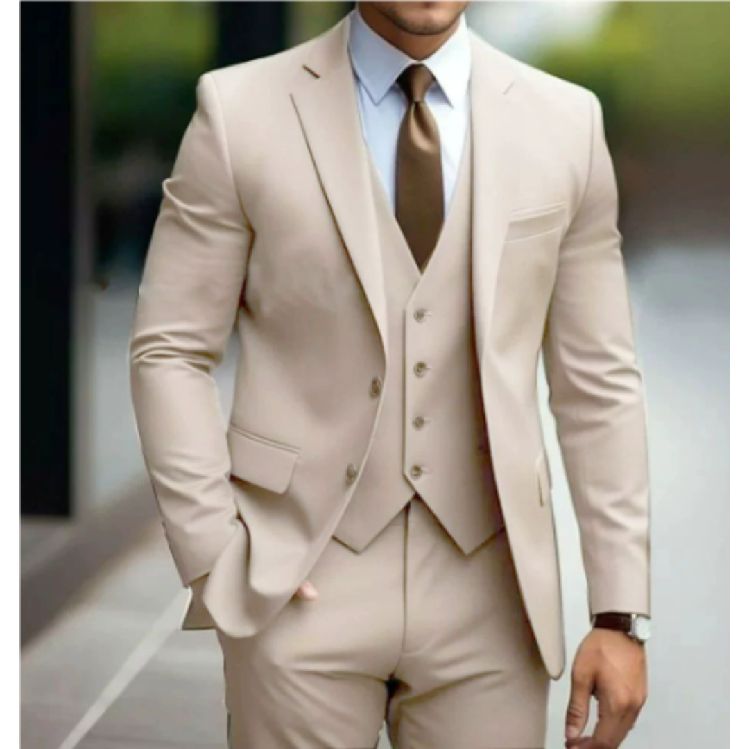 Costume Homme Élégant 3 Pièces Vert Sombre avec Cravate Cognac