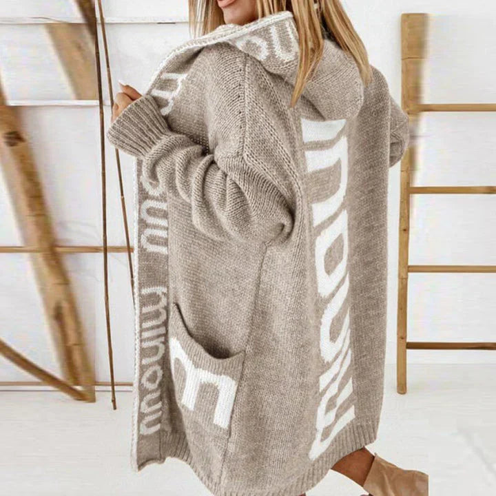 Gilet en maille brune femme avec capuchon et poches