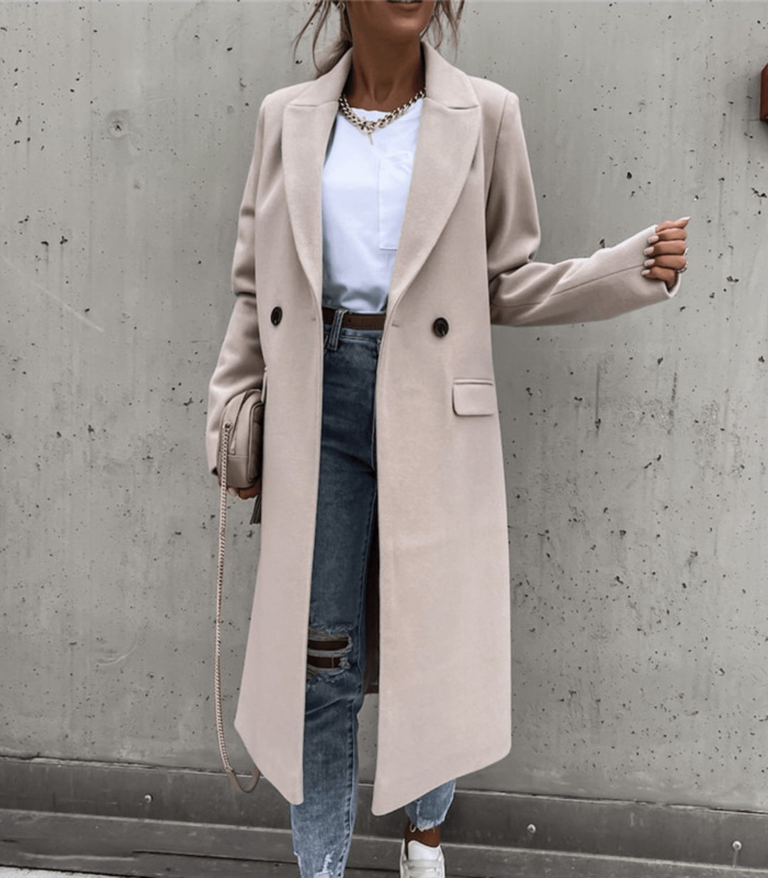 Manteau femme élégant long en beige boutons doubles - LuxeStyle