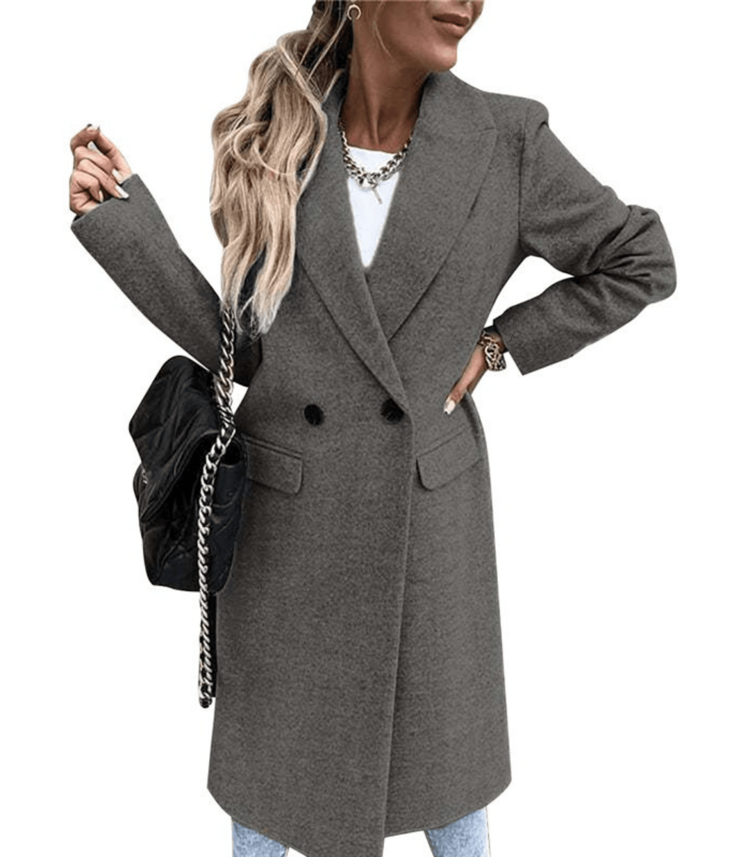 Manteau femme élégant long en beige boutons doubles