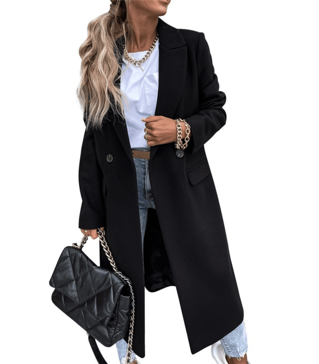 Manteau femme élégant long en beige boutons doubles