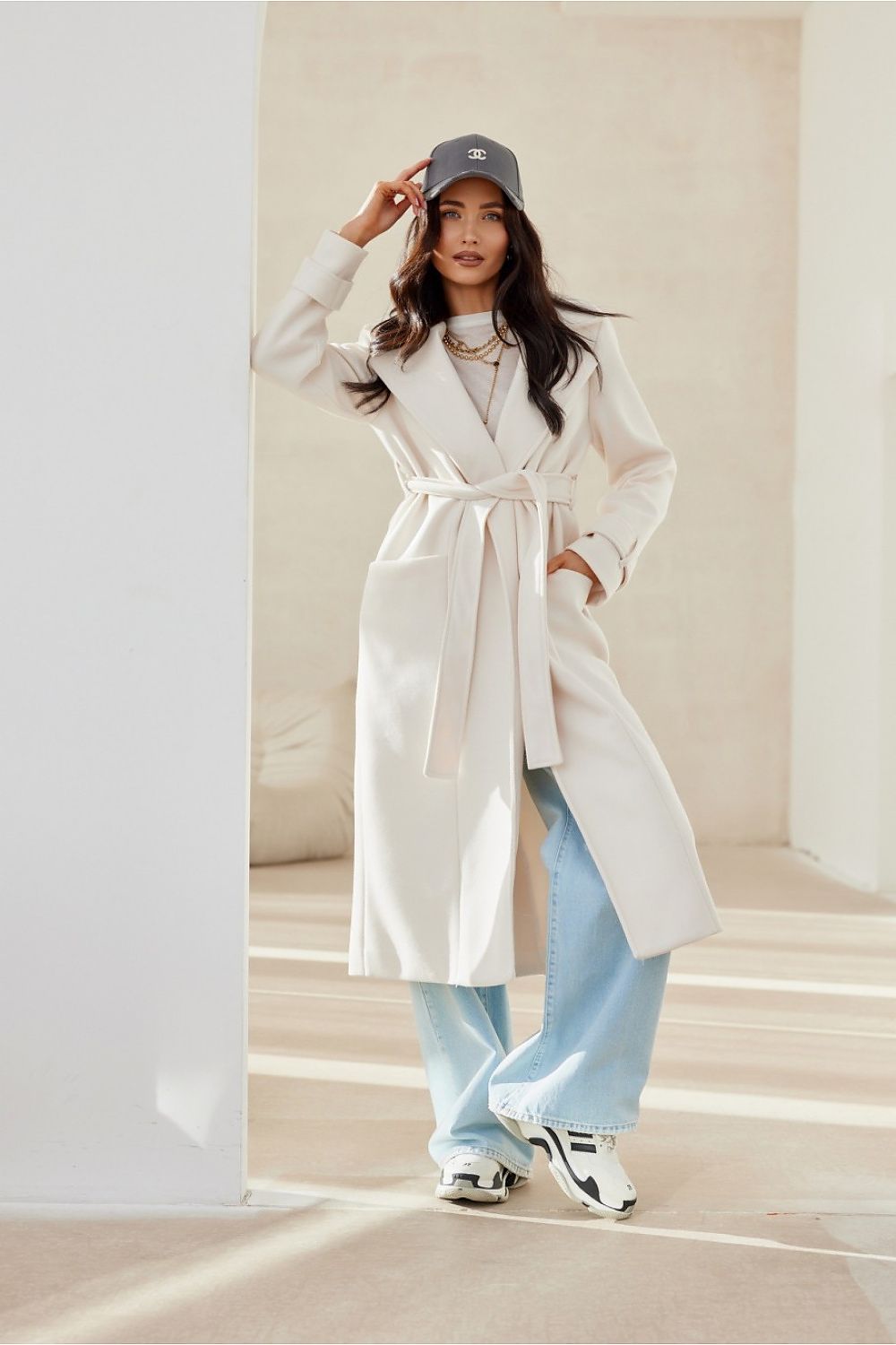 Manteau Femme Élégant à Manches Longues avec Ceinture pour Automne Hiver
