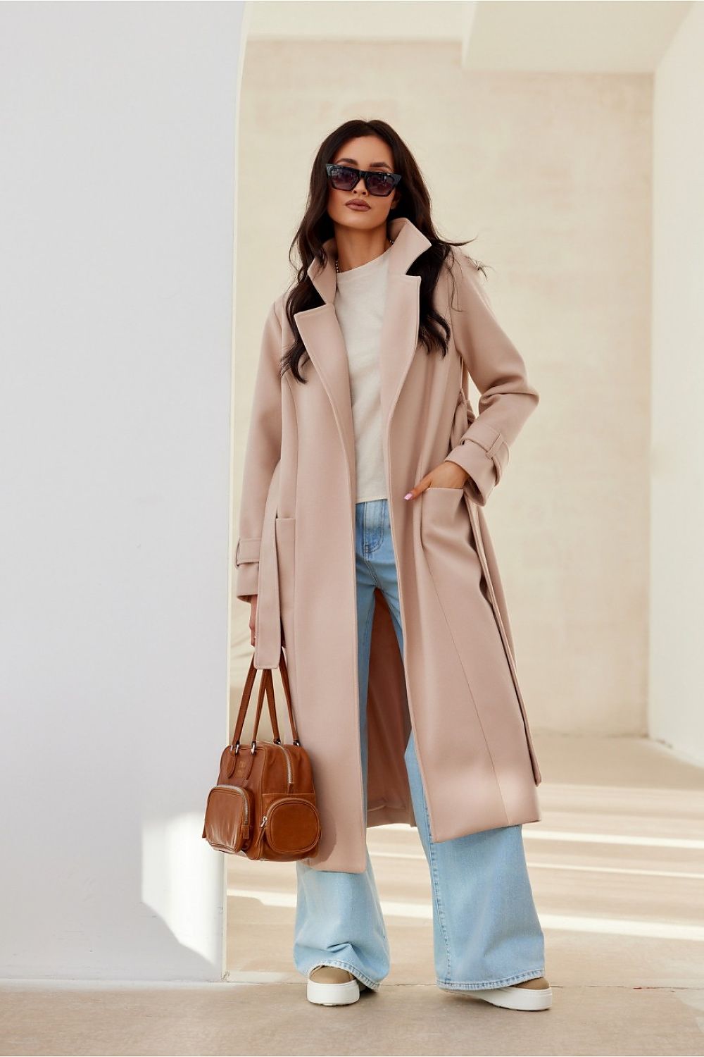 Manteau Femme Élégant à Manches Longues avec Ceinture pour Automne Hiver