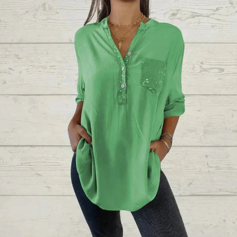 Chemise femme élégante col V poche poitrine