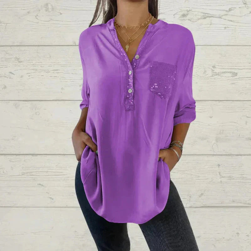 Chemise femme élégante col V poche poitrine