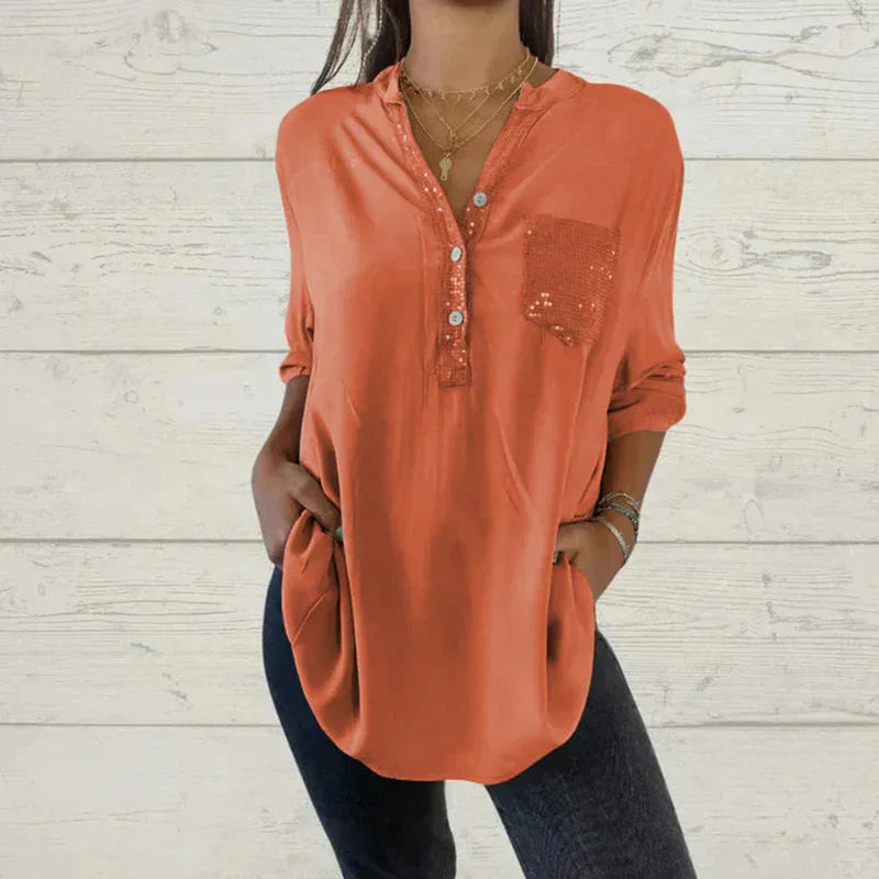 Chemise femme élégante col V poche poitrine