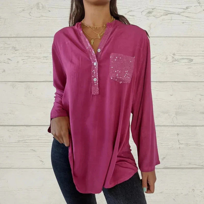 Chemise femme élégante col V poche poitrine - LuxeStyle