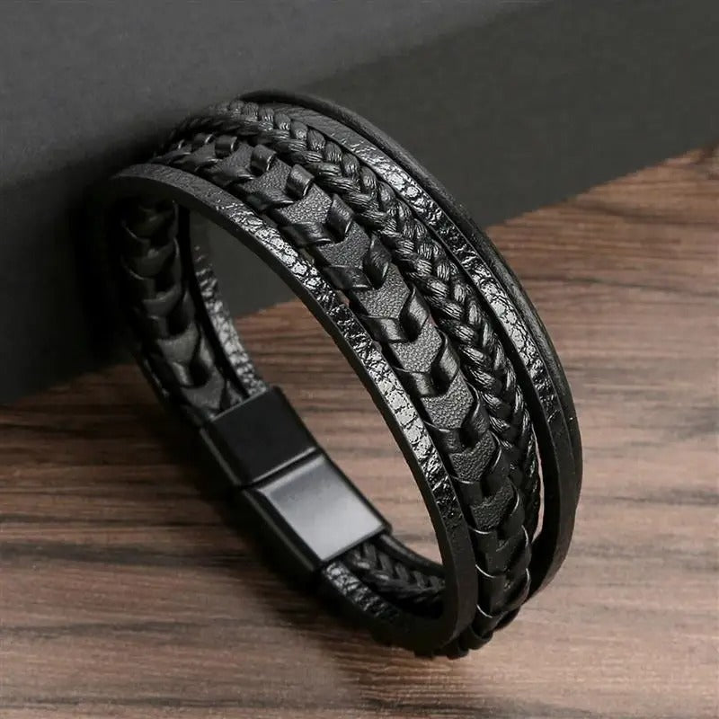 Bracelet Cuir Tressé Marine avec Fermeture Sécurisée