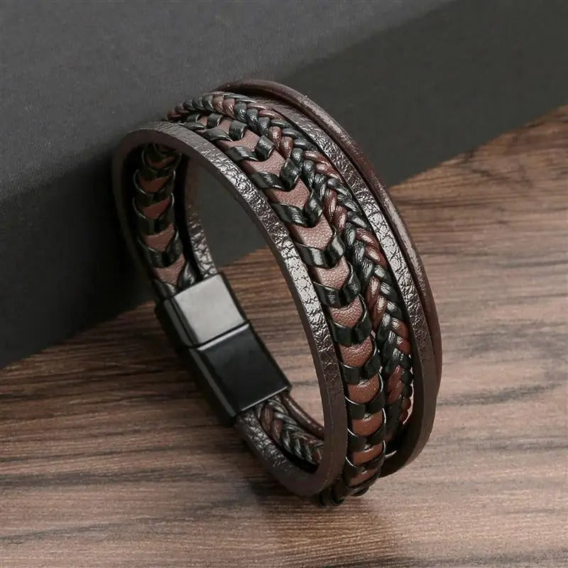 Bracelet Cuir Tressé Marine avec Fermeture Sécurisée