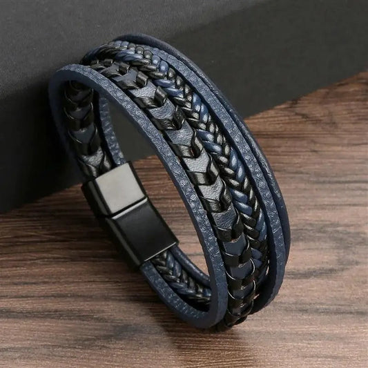 Bracelet Cuir Tressé Marine avec Fermeture Sécurisée - LuxeStyle
