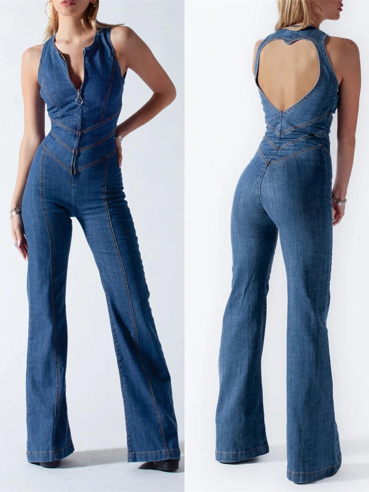 Mathilde™ – Combinaison Femme Jean Chic avec Détail Cœur Élégant