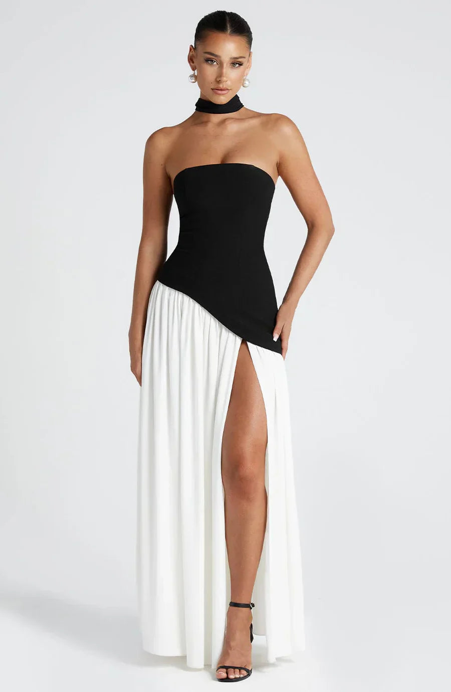 Robe de Soirée Élégante Femme - Robe Longue Bustier Rouge Noir avec Fente et Écharpe