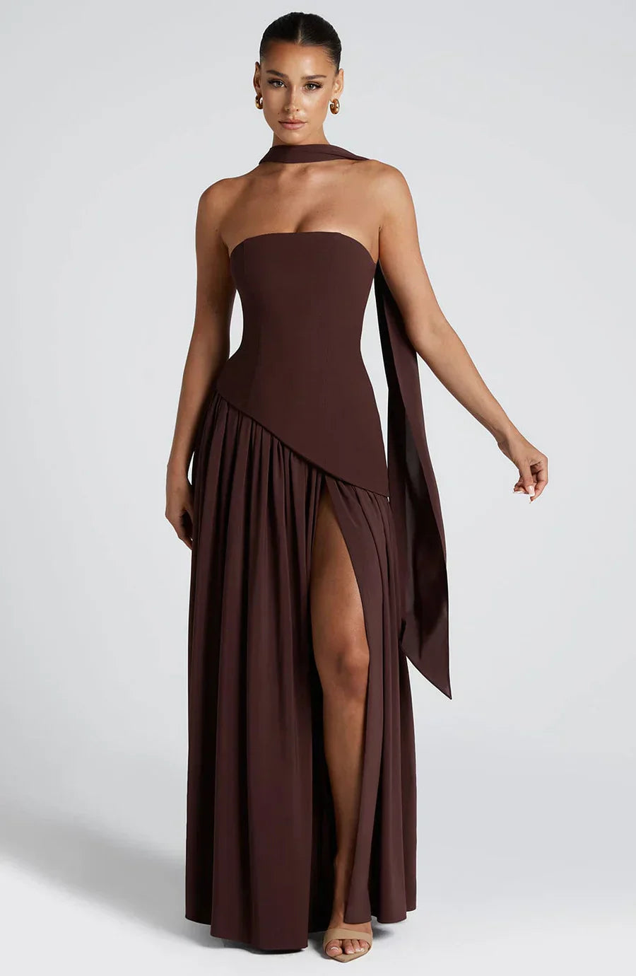 Robe de Soirée Élégante Femme - Robe Longue Bustier Rouge Noir avec Fente et Écharpe