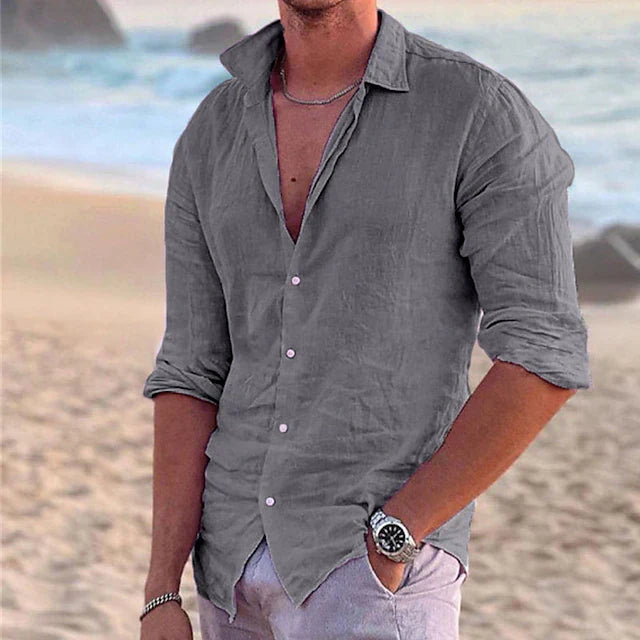 Chemise Lin Rose Homme Décontractée Manches Longues