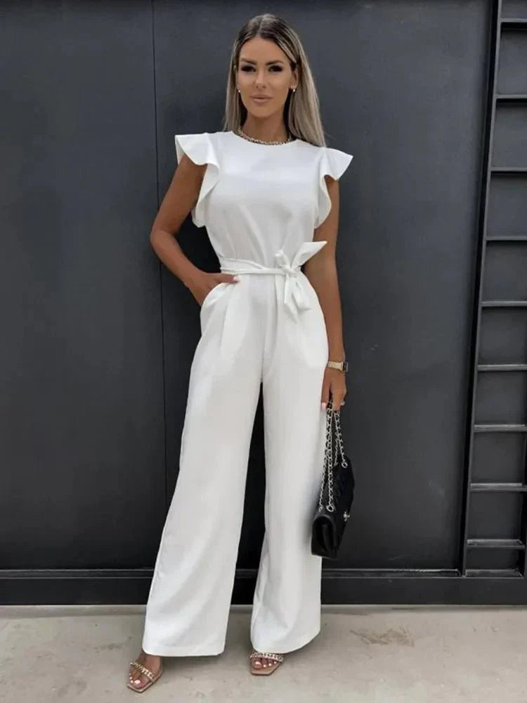 Combinaison Élégante Femme - Manches Courtes avec Ceinture Élastique et Poches Côtés