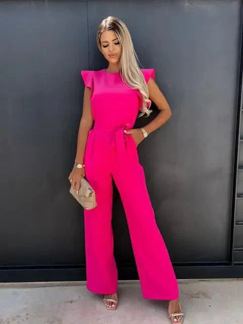 Combinaison Élégante Femme - Manches Courtes avec Ceinture Élastique et Poches Côtés