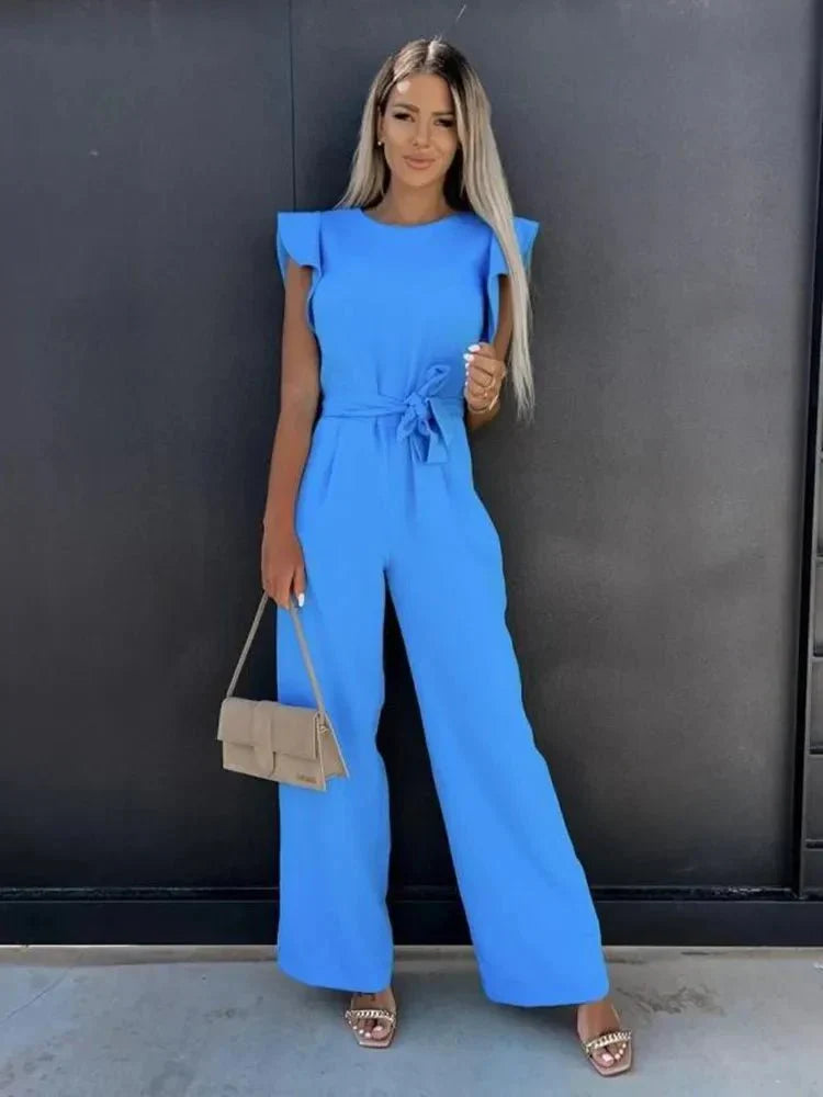 Combinaison Élégante Femme - Manches Courtes avec Ceinture Élastique et Poches Côtés