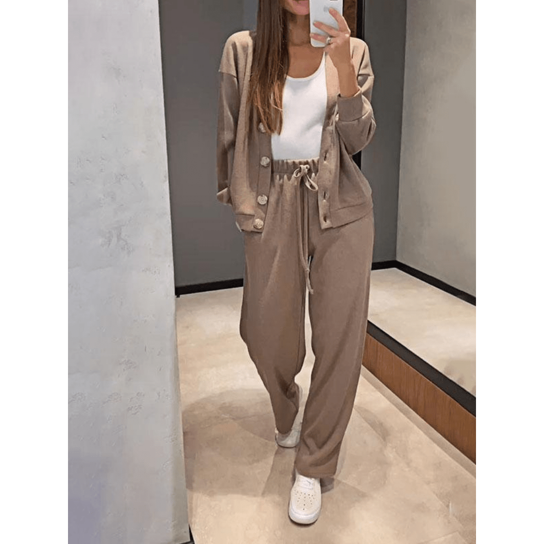 Ensemble d’hiver pour femme cardigan en tricot et pantalon | Col en V