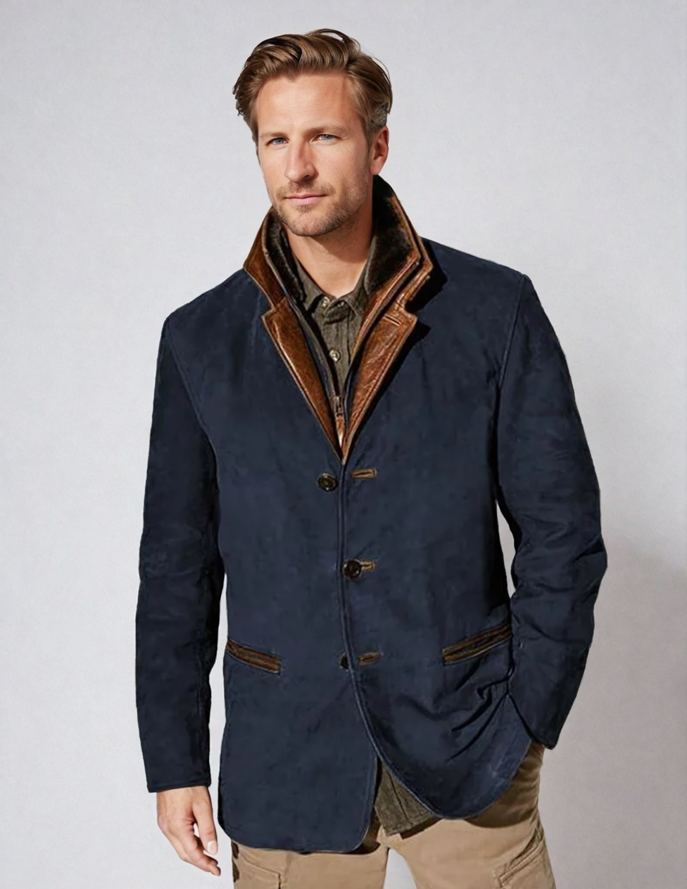 Veste Cuir Brun Homme Col Contraste