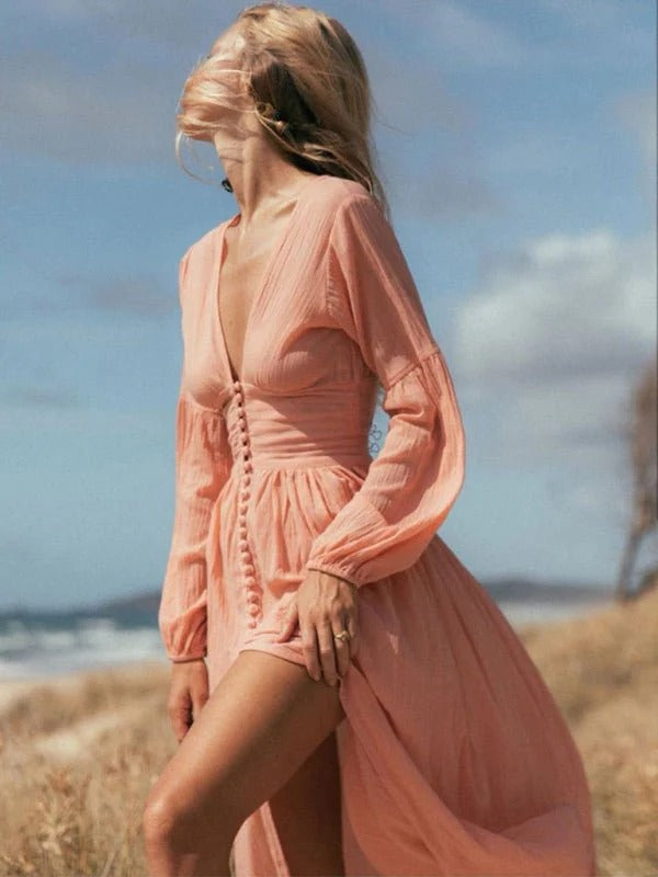 Robe Femme Élégante Manches Longues Col en V Décolleté Profond - LuxeStyle