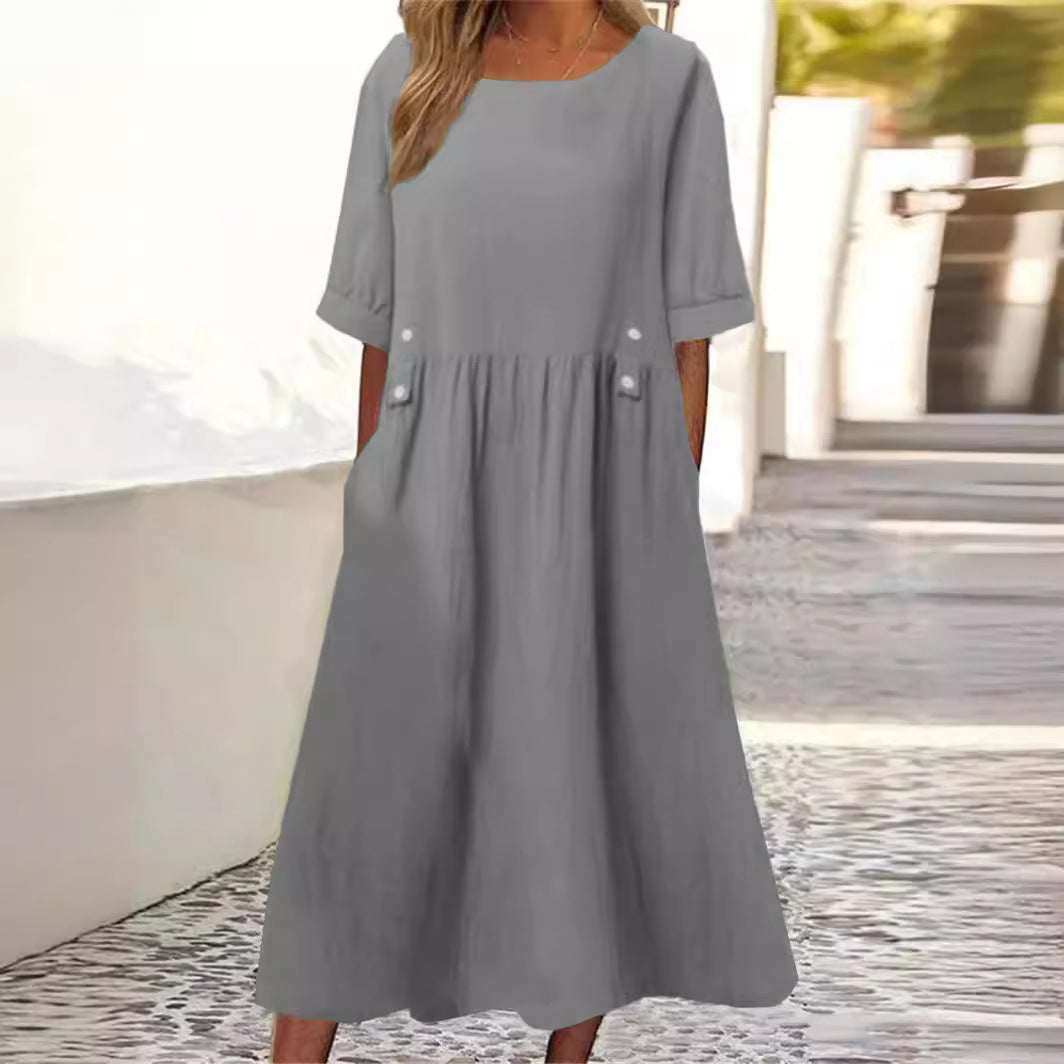 Robe Élégante Femme Grise Été avec Poches - LuxeStyle