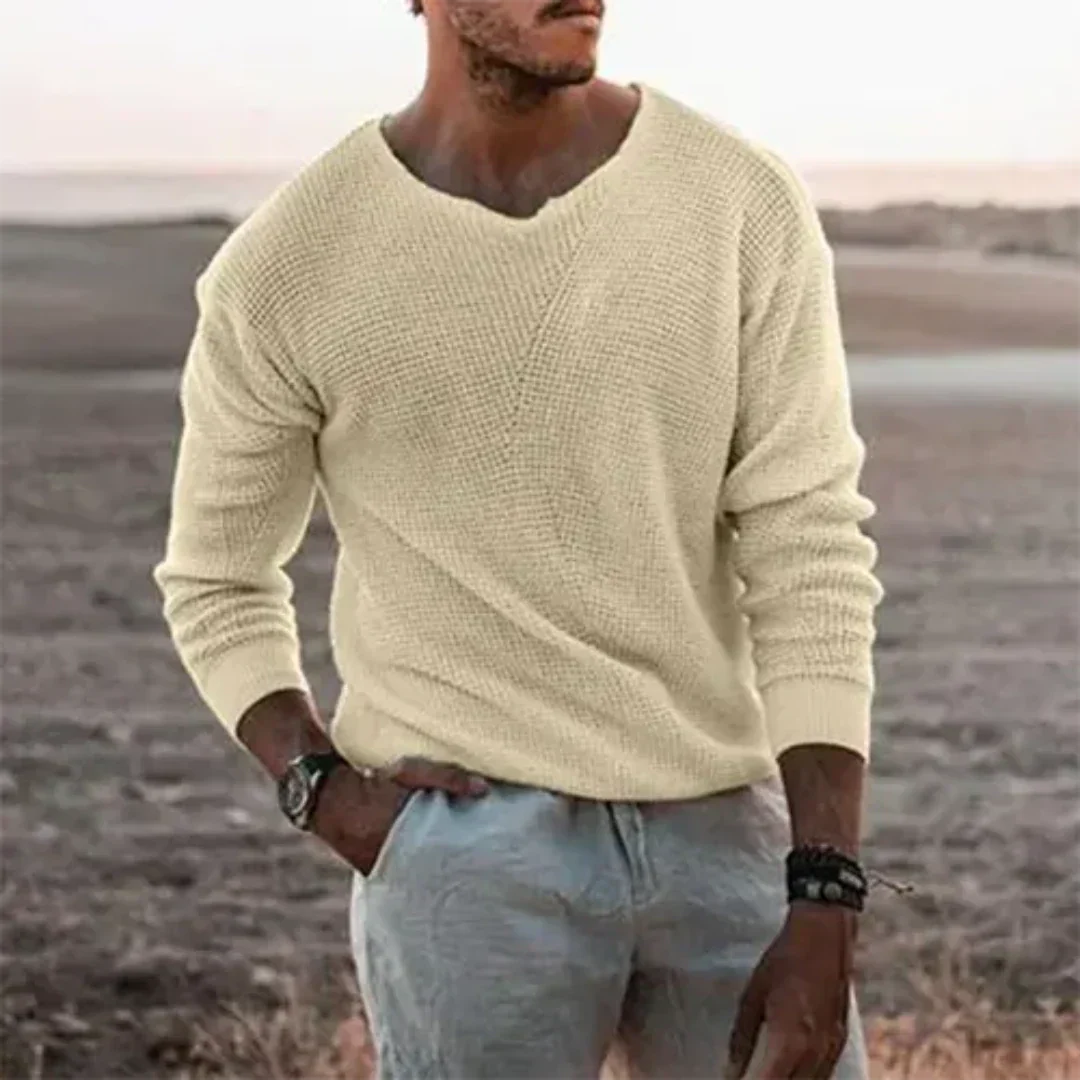 Pull Homme Beige Col V Manches Longues - LuxeStyle
