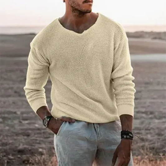 Pull Homme Beige Col V Manches Longues - LuxeStyle