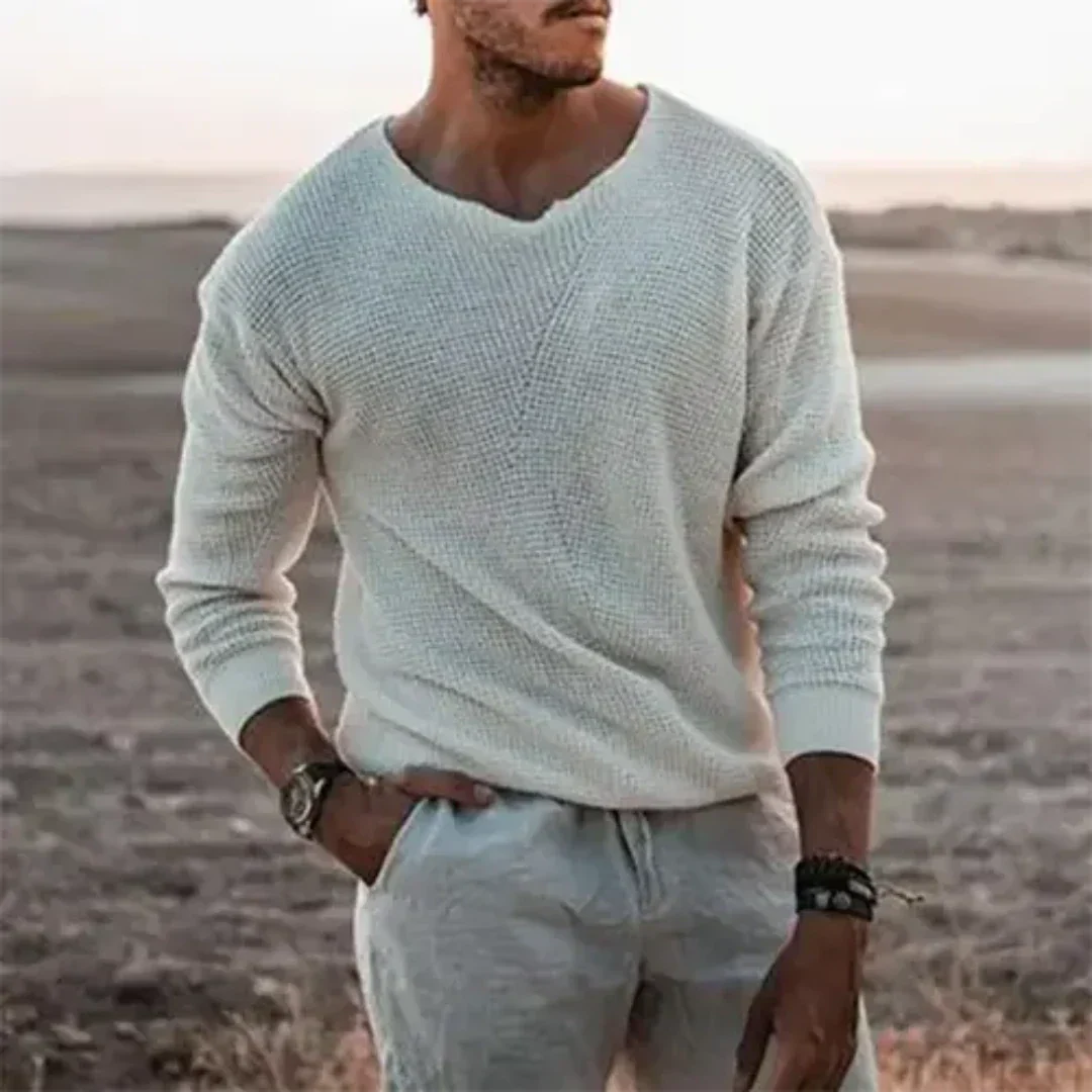Pull Homme Beige Col V Manches Longues