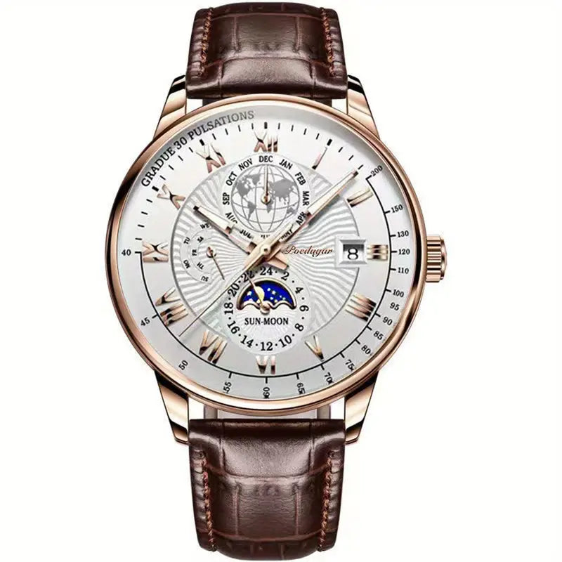 Montre Classique Homme Cuir Noir avec Calendrier et Phases Lunaires