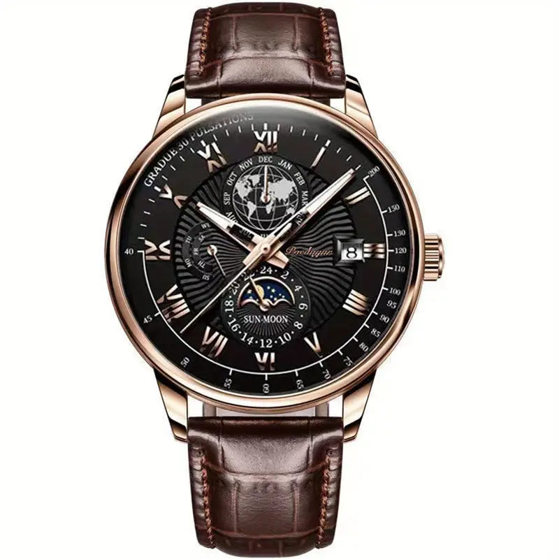 Montre Classique Homme Cuir Noir avec Calendrier et Phases Lunaires