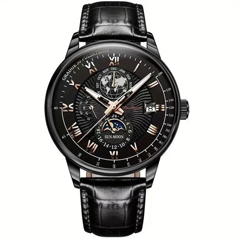 Montre Classique Homme Cuir Noir avec Calendrier et Phases Lunaires