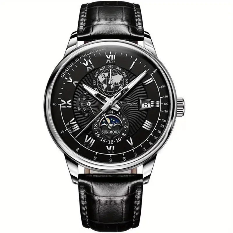 Montre Classique Homme Cuir Noir avec Calendrier et Phases Lunaires