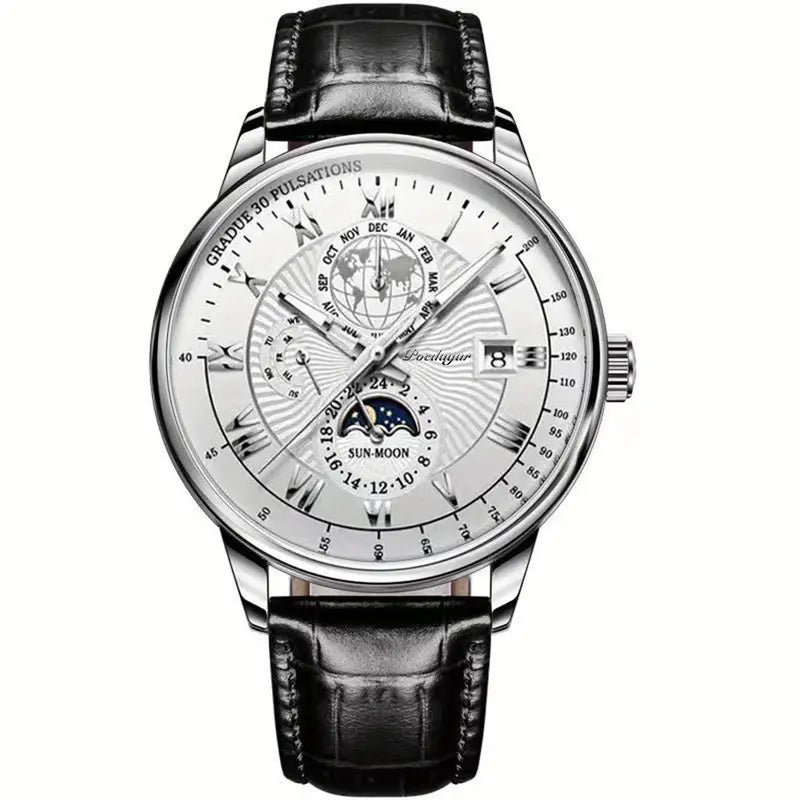 Montre Classique Homme Cuir Noir avec Calendrier et Phases Lunaires - LuxeStyle