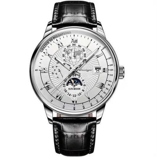 Montre Classique Homme Cuir Noir avec Calendrier et Phases Lunaires - LuxeStyle