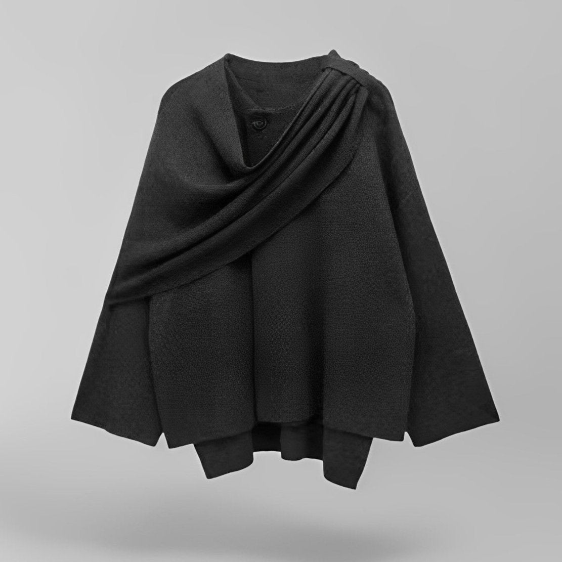 Manteau Femme Élégant Noir avec Col Plissé