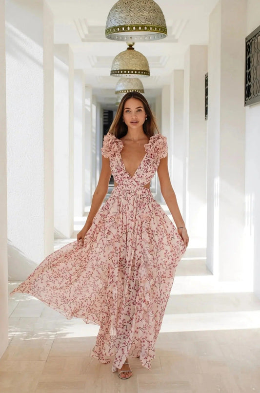 Robe Été Florale Longue Manches Bouffantes Décolleté Profond Femmes - LuxeStyle