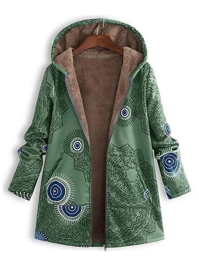 Manteau Femme Hivernal Chic - Parka Doublé avec Capuche et Imprimé Géométrique