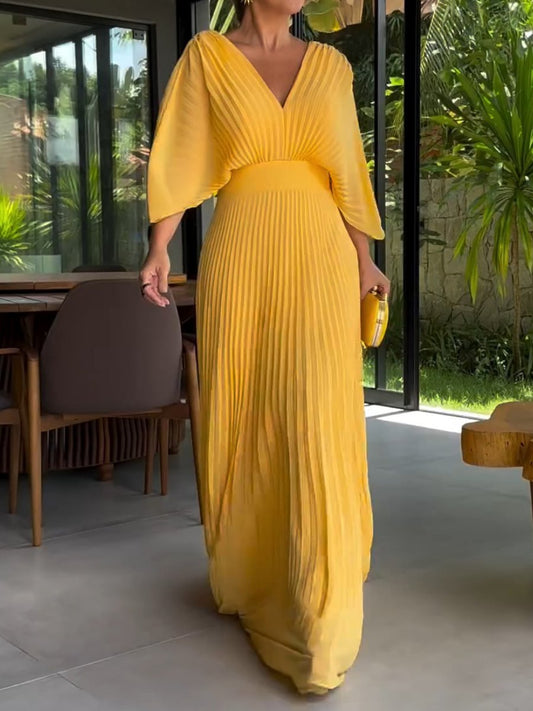 Robe Été Longue Plissée Jaune Citron pour Femme - LuxeStyle
