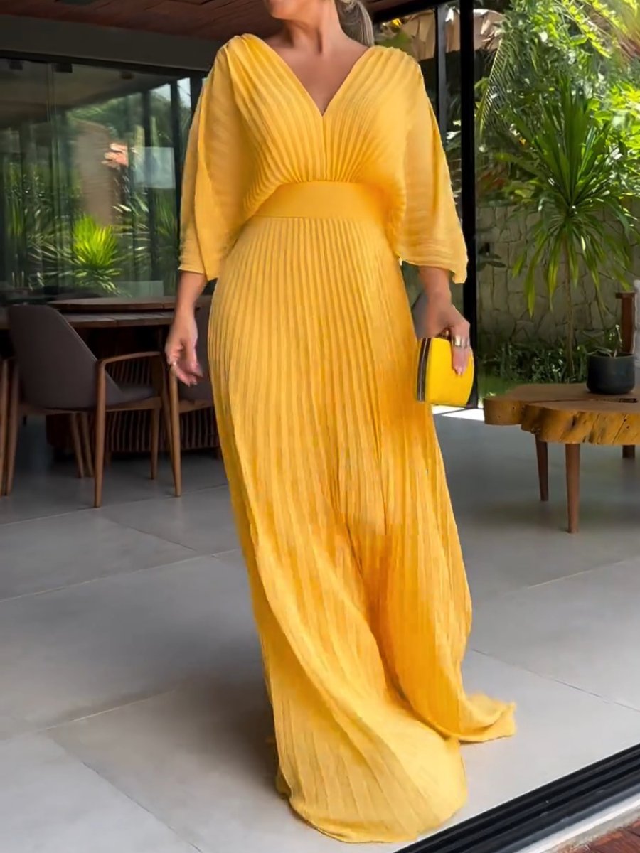 Robe Été Longue Plissée Jaune Citron pour Femme