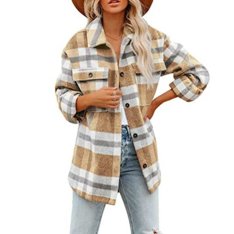 Veste en laine carreau femme hiver manches longues