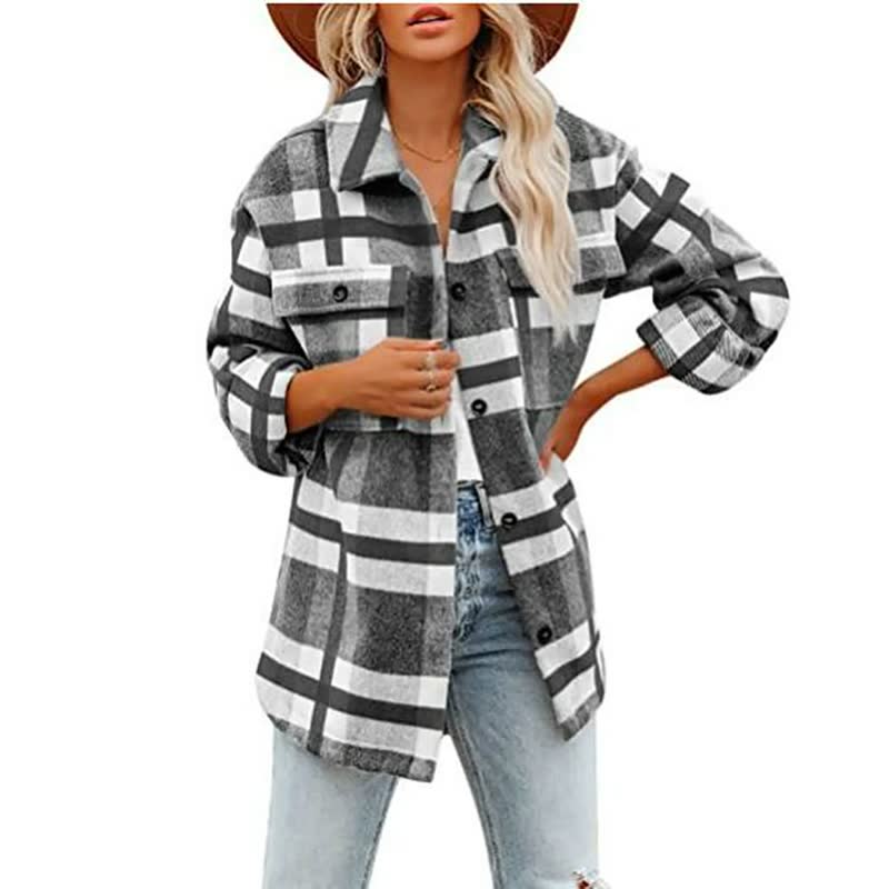 Veste en laine carreau femme hiver manches longues