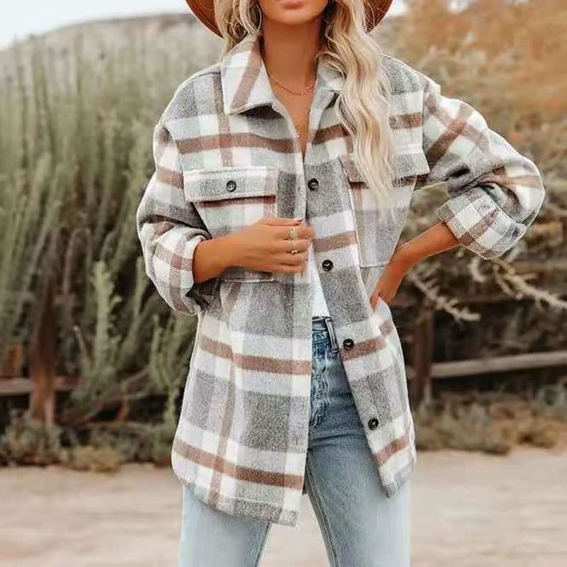 Veste en laine carreau femme hiver manches longues - LuxeStyle