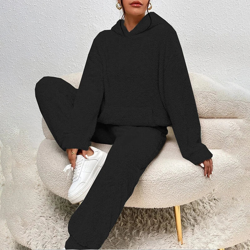 Pyjama Femme Hiver Douillet avec Capuche et Pantalon Confortable