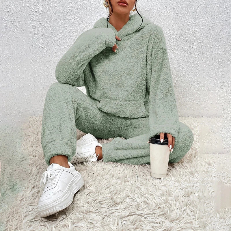 Pyjama Femme Hiver Douillet avec Capuche et Pantalon Confortable